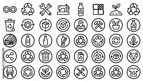 Comprehensive set of 32 circular economy and upcycling icons in a modern bold outline style, featuring symbols for recycling, renewable energy, waste reduction, sustainability, and green living.