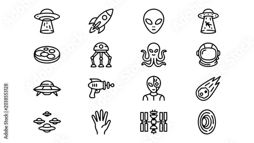 Set of 16 minimalist alien and ufo sci-fi line icons featuring extraterrestrial life forms spaceships planets and cosmic exploration symbols in a clean uniform vector style for futuristic design.