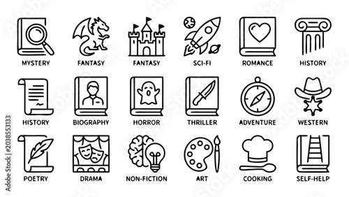 Elegant set of 16 library and book genre line icons in a minimalist vector style, featuring symbolic representations for fiction, non-fiction, science, mystery, history, and education for readers.