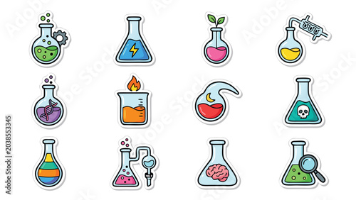Vibrant sticker style vector icon set of twelve science laboratory flask symbols featuring colorful chemical solutions, test tubes, and research equipment for educational and medical projects.