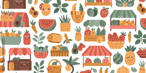 Obraz na płótnie Cute fresh market seamless pattern vector background with cartoon fruits vegetab