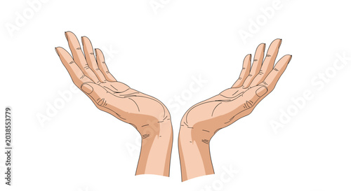 Pair of open human hands with palms facing upward in a gesture of giving receiving or praying against a white background in a detailed style.