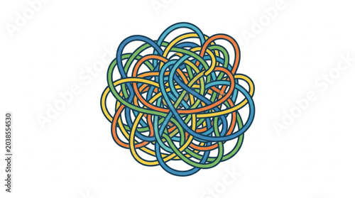 Fotografie Complex knot of colorful ropes forming a tangled ball.