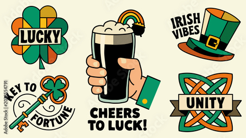 St. Patrick's Day retro sticker set featuring lucky shamrock, hand holding beer pint for a toast, Irish leprechaun hat, celtic knot unity symbol, and key to fortune.