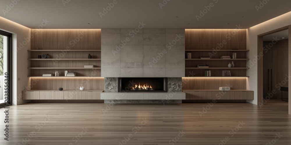 Fototapeta premium Contemporary living room space featuring a fireplace and minimalist wall shelving