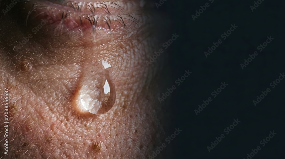 Fototapeta premium Close up of clear tear drop on human skin
