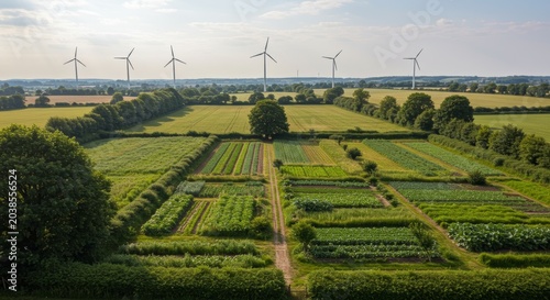Wind Turbine Landscape: A panoramic view of cultivated fields bordered by trees, with a line of wind turbines standing tall against the horizon, symbolizing renewable energy and a sustainable future.