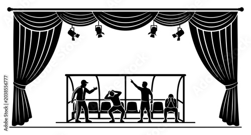 Conceptual soccer drama on theater stage with curtains and spotlights, football coach and players on dugout bench vector illustration