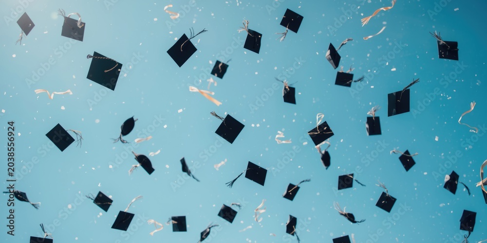 Obraz premium Festive graduation moment with hats soaring through serene blue sky