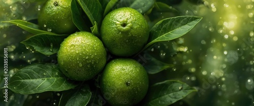 Fresh unprocessed limes and green leaves close up showcasing organic food and copy space