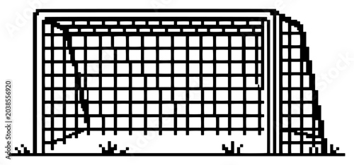 8-bit pixel art soccer goal net on grass, vintage arcade style football equipment vector illustration