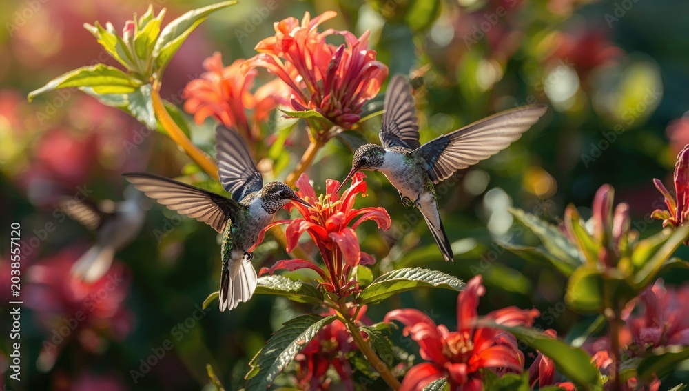 Naklejka premium Energetic white-tailed hummingbirds gathering nectar amid vivid floral setting and lush plants