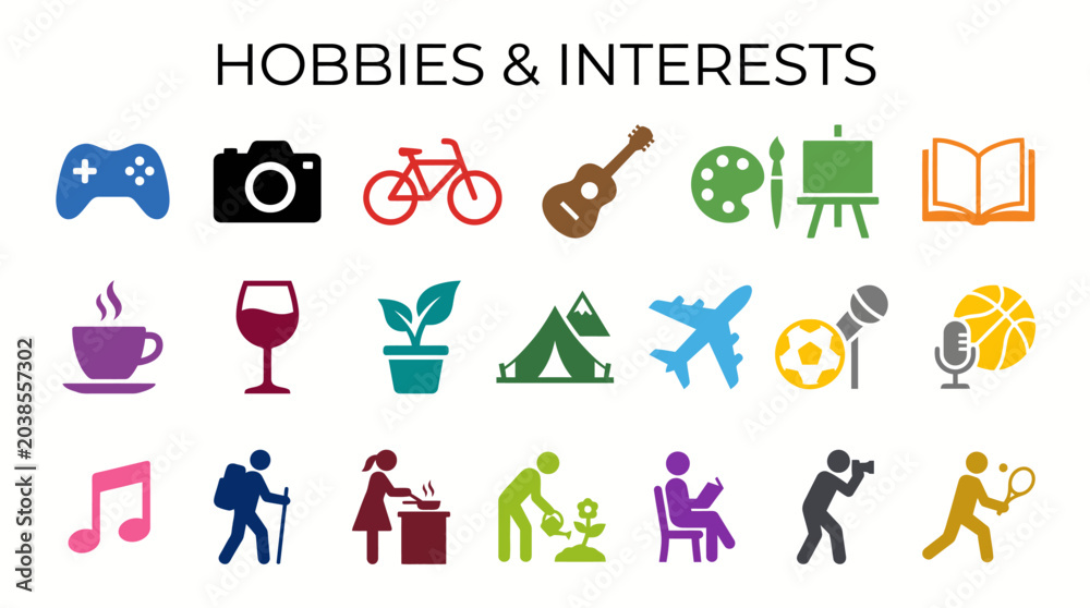 Fototapeta premium Colorful hobby and interest icons set with leisure activities and lifestyle symbols on white background