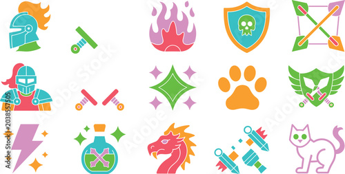 Photos Fantasy role playing game icon element set with knight weapons dragon shield pot