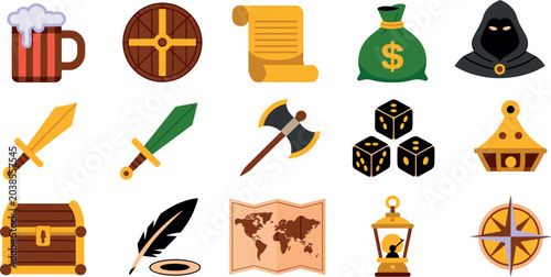 Fotografía Medieval fantasy role playing game icon element set with weapons treasure chest