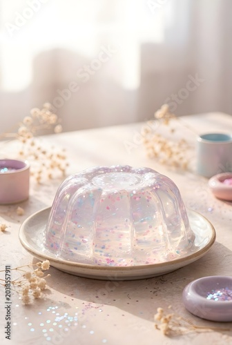 Elegant Transparent Jelly Dessert with Pastel Sprinkles and Soft Floral Setting
