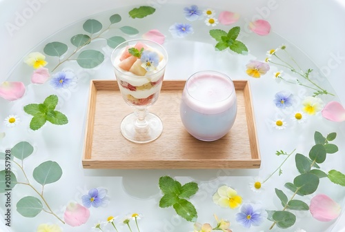 Luxury Floral Bath Tray with Fruit Parfait and Pink Smoothie