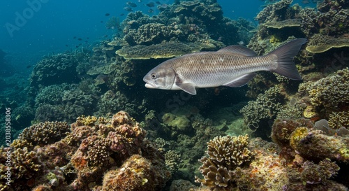 Fish and Coral Reef: A solitary fish swims gracefully amidst a vibrant coral reef teeming with life in the deep blue ocean.