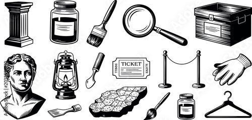 Schilderij op canvas Vintage museum and archaeology icon element set with classical sculpture magnify