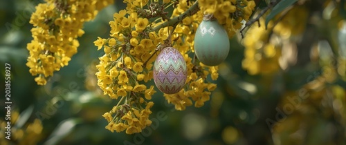 Hand painted Easter eggs suspended from laburnum tree blossoms