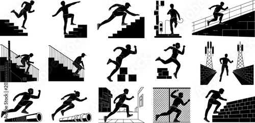 Cuadro en lienzo Emergency rescue team and first aid medical service icons set black and white fl