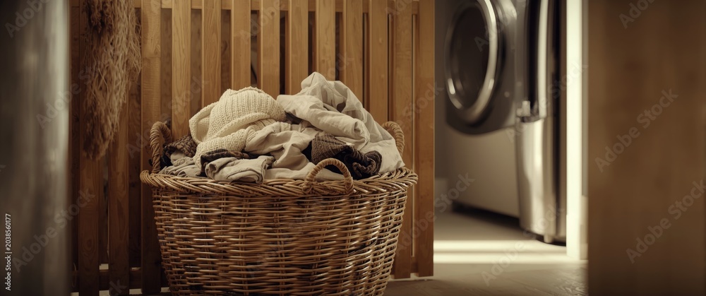 Obraz premium Comfortable laundry room featuring a big basket of dirty clothes beside wooden partition and washer