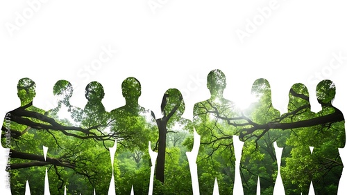 Silhouettes of a group of people with a forest double exposure effect isolated on white background