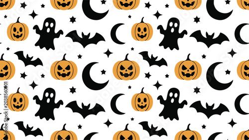 Seamless pattern with halloween elements like pumpkins, ghosts, bats, moons and stars