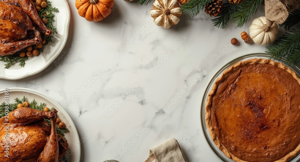 Obraz premium Festive holiday feast with roasted turkey and pumpkin pie on white marble overhead view with copy space