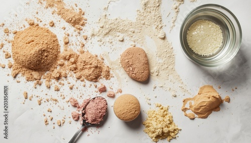 Different textured forms of hydrolyzed collagen protein powder with spoon and water glass arranged on white background