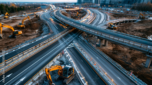 American-style highway crossroads under construction with wide lanes, temporary barriers, unfinished ramps, and heavy equipment shaping a new urban traffic interchange, highway interchange,