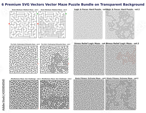 6 Premium SVG Vector Maze Puzzle Bundle on Transparent Background  Kids and School Students Activity Worksheets, Educational Brain Teasers Bundle 