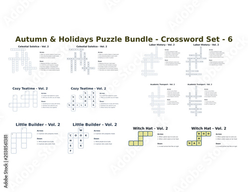 Autumn & Holidays Puzzle Bundle - Crossword Puzzle Bundle SVG Printable Activity Worksheet Set for Kids and Adults School Labor Day Autumn Halloween Family Games Edu