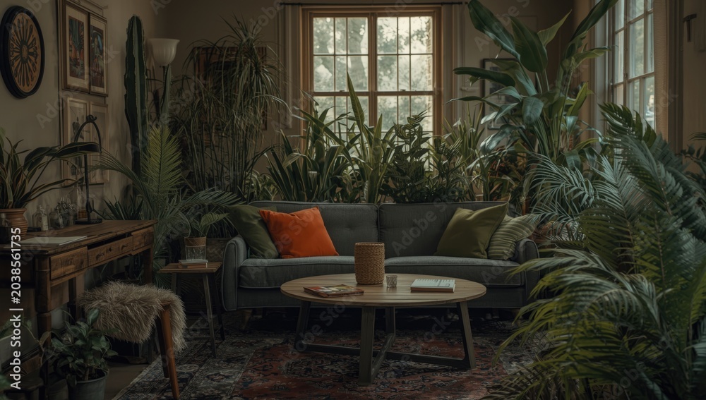 Fototapeta premium Cozy bohemian living room interior with wooden desk gray sofa and decorative plants
