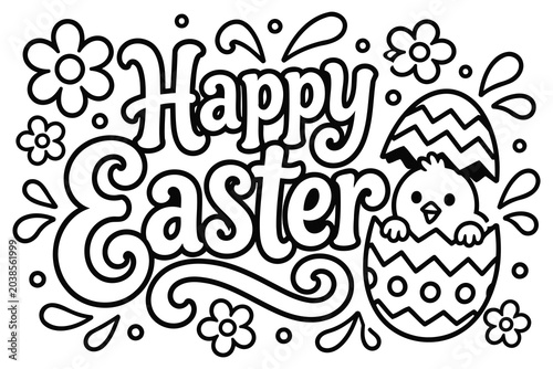 Fényképezés Happy easter coloring page with cute baby chick and egg Vector