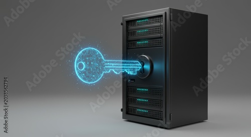 Digital Key Unlocking Server Rack: A glowing digital key, comprised of circuits and data, is inserted into the lock of a modern server rack, symbolizing access and security in technology.
