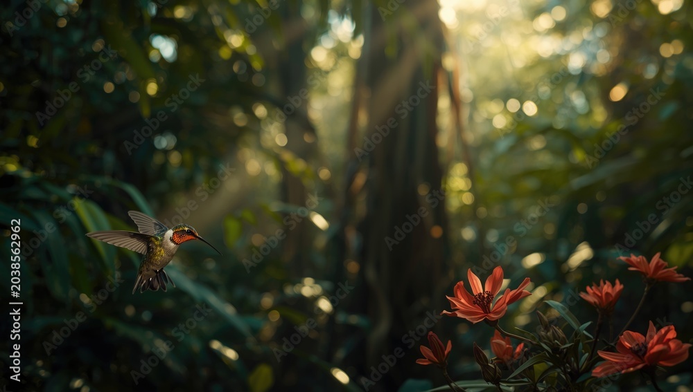 Fototapeta premium Forest wildlife with vibrant hummingbird and red blossoms in jungle setting