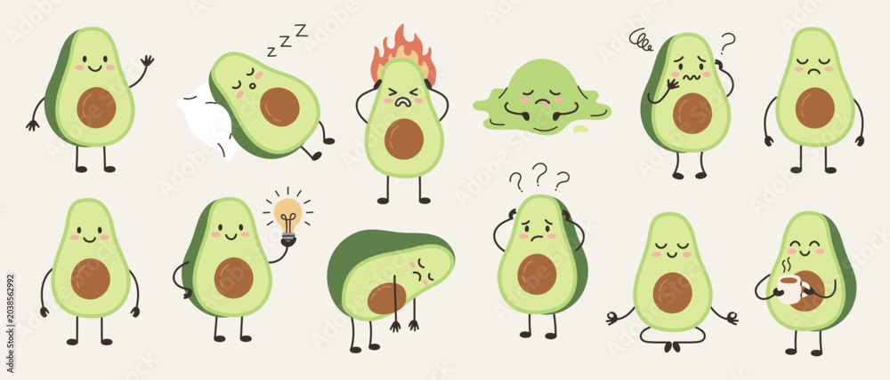 Fototapeta premium Cute avocado mascot character set with different emotions and activities. Hand drawn doodle style illustration. Healthy food, vegan lifestyle, mental health and self care concept. Cozy kawaii vector s