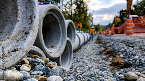 Concrete culvert sections stacked beside a road construction trench, workers preparing drainage installation with gravel bedding and safety fencing, culvert sections, road drainage,