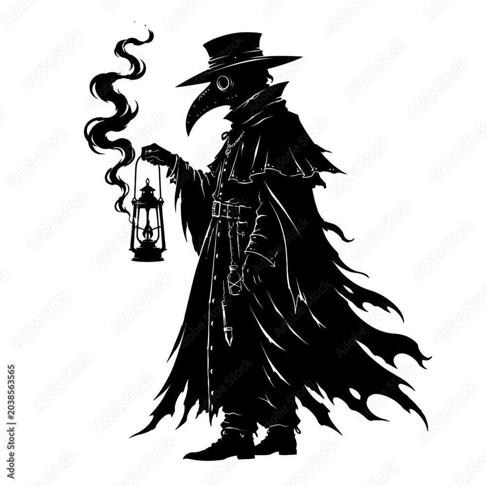 Obraz premium Eerie silhouette of a mysterious plague doctor figure with a distinctive beaked mask, holding an antique lantern emitting shadowy wisps, evoking a sense of historical dread and haunting solitude