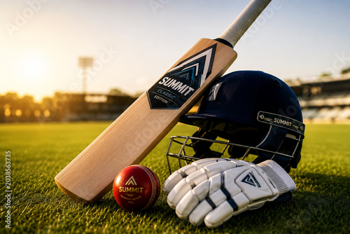 Cricket equipment on green field SUMMIT brand bat ball helmet gloves