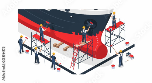 Tableau sur toile Workers repairing a large ship hull.