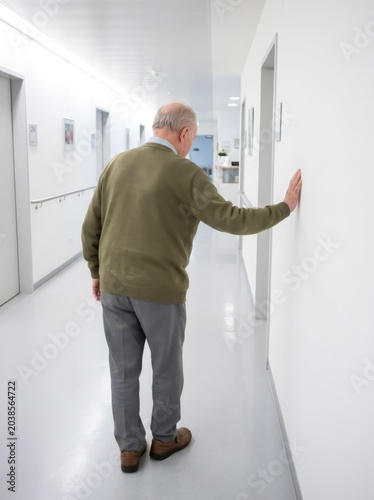Elderly man walking along corridor in clinic. Patient with unsteady gait holding hand on wall for support in hospital. Medical concept of mobility issue and rehabilitation for senior.