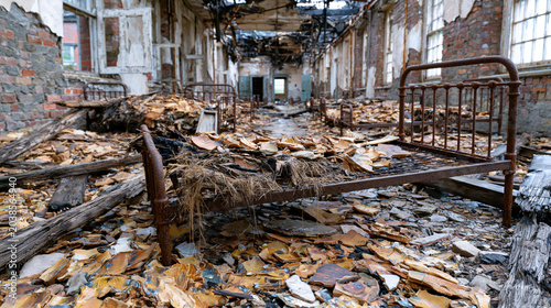 Desolate rural hospital ward retains original iron bedsteads amid collapsed plaster ceiling debris, institutional ceramic floor tiles lifting under frost action, window frames rotted away leaving op