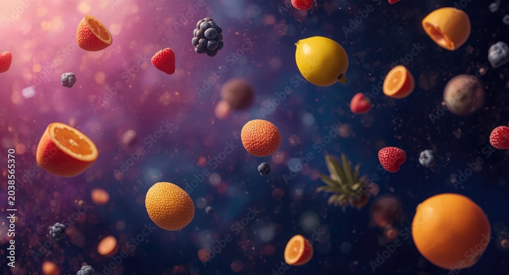 Obraz premium Creative summer cosmic scene with floating fruits in abstract space background