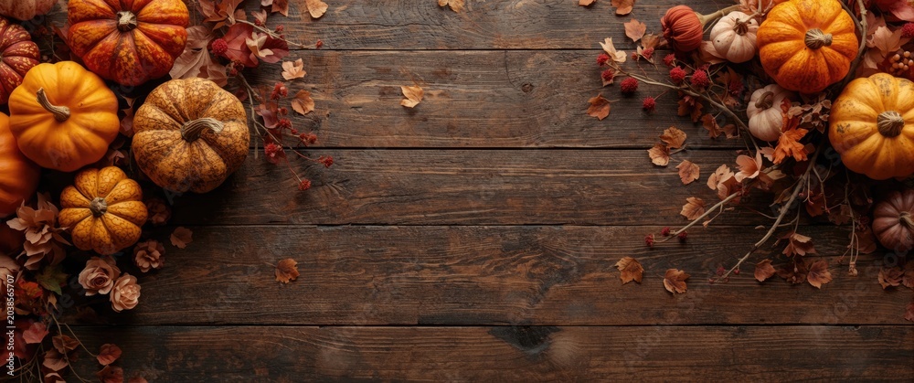 Obraz premium Floral interior styling with rustic fall table and crafted pumpkins holiday decor top view anime