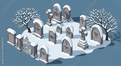 Obraz na plátně Snowy graveyard with bare trees and tombstones.