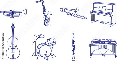 Bild auf Leinwand Musical instruments line art collection featuring piano trumpet saxophone trombone double bass drum kit clarinet xylophone and other orchestral instruments
