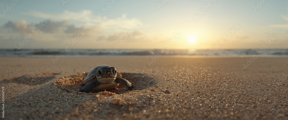 Obraz premium Cute baby turtle journeying from nest to vast ocean horizon