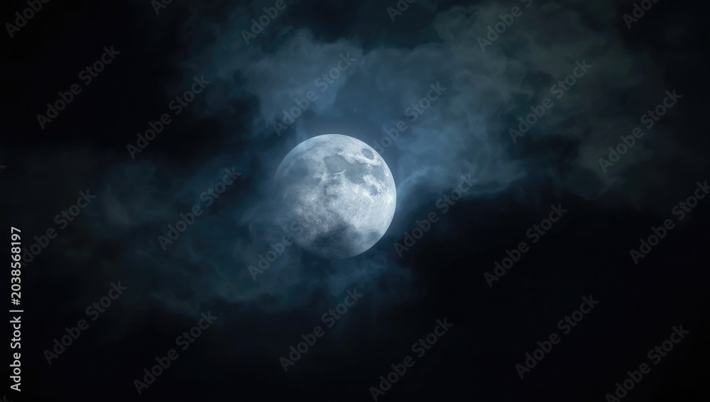 Obraz premium Ethereal full moon shining through clouds in the nighttime atmosphere